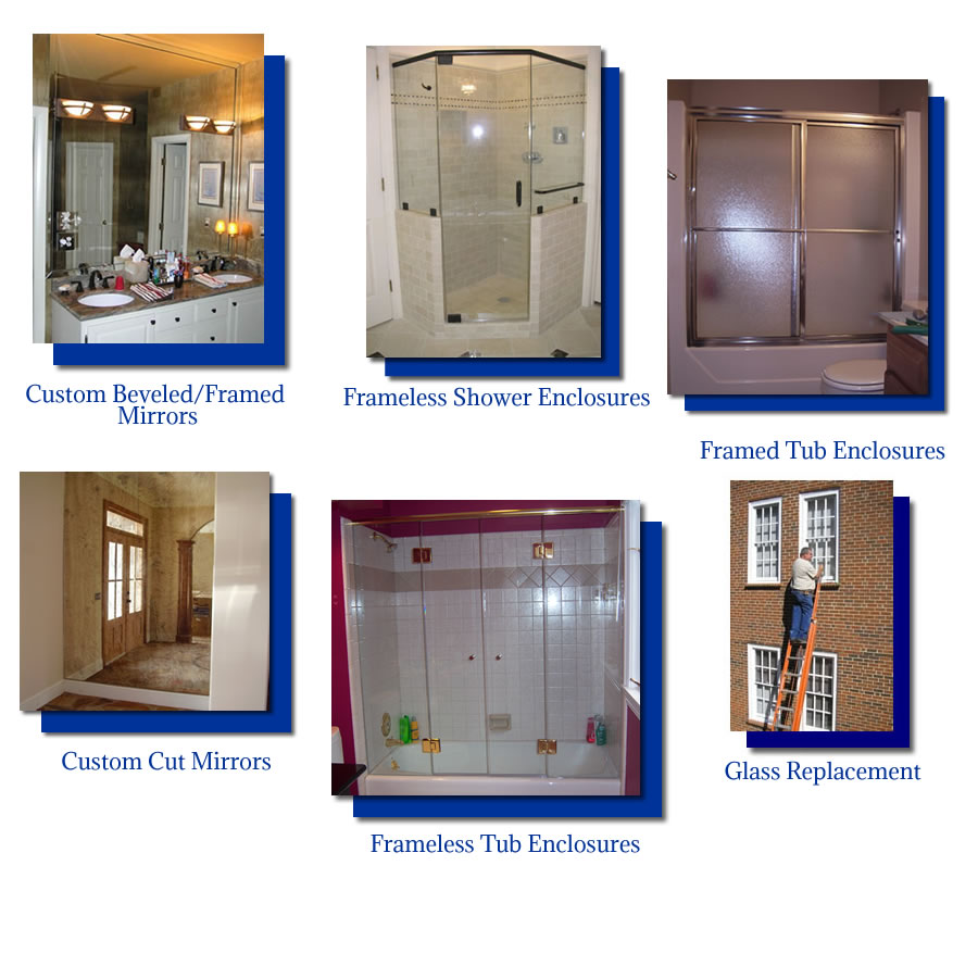 beveled mirrors, framed tub enclosures, framless tub enclosures, frameless shower enclosures, replacement glass