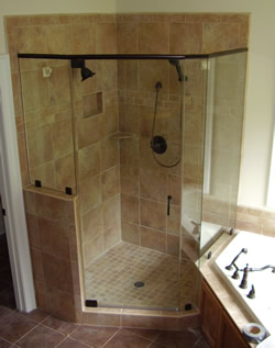 framed shower with cutout for tub